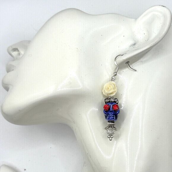 Navy Skull Day of the Dead/Dia de Muertos Dangle Earrings Halloween Jewelry - Picture 5 of 6